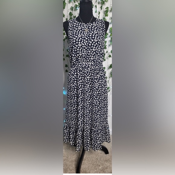 J. Crew Ditsy Floral Navy and White Ruffle Hem Flowy Midi Tank Dress - Picture 3 of 3
